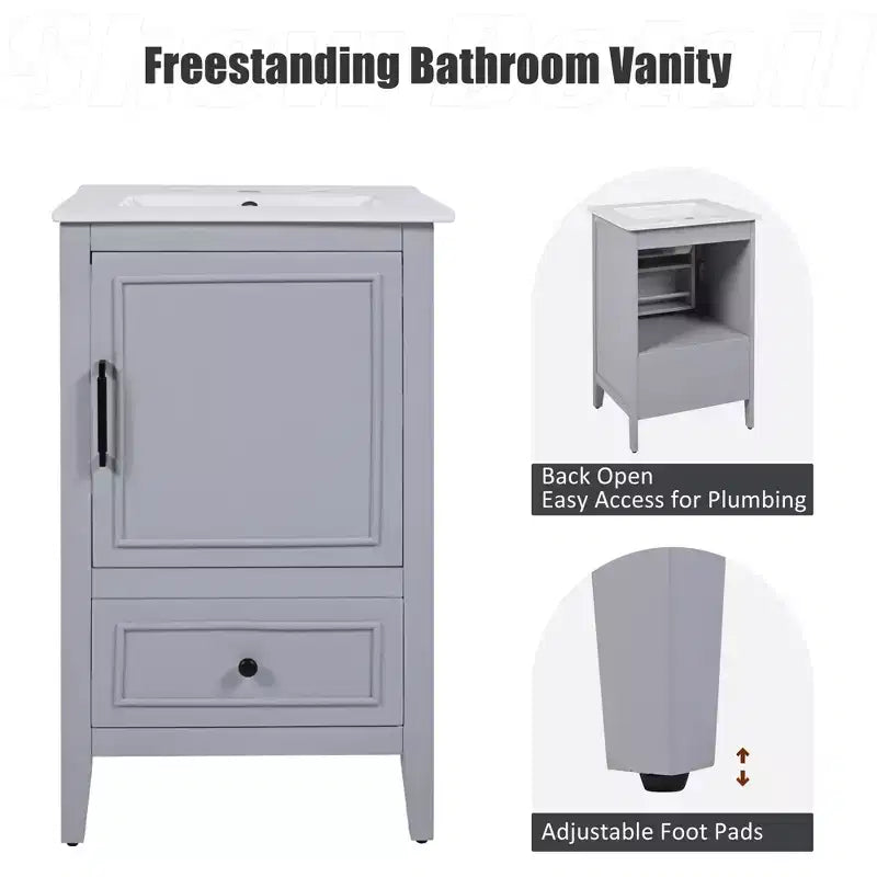 20 Small Bathroom Vanity Sink Combo with Storage, Bathroom Floor Cabinet with Drawers and Door, Gray