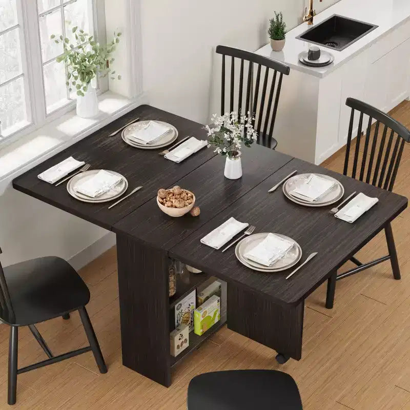 Folding Dining Table with 2 Tier Storage-Extendable Drop Leaf Farmhouse Wood Kitchen Dining Room Tables Set for 4