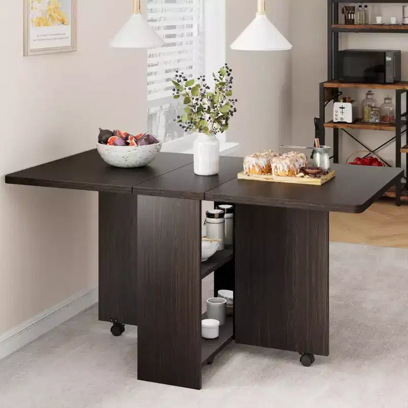 Folding Dining Table with 2 Tier Storage-Extendable Drop Leaf Farmhouse Wood Kitchen Dining Room Tables Set for 4