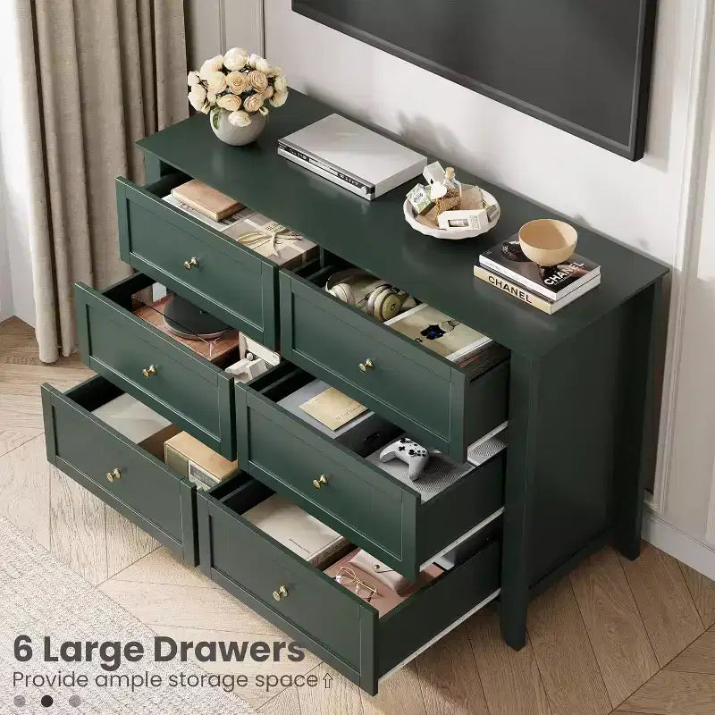 Black 6 Drawer Dresser for Bedroom, Large Dresser with Deep Drawers & Metal Knobs, Modern Wooden Chests of Drawers for Entryway, Hallway