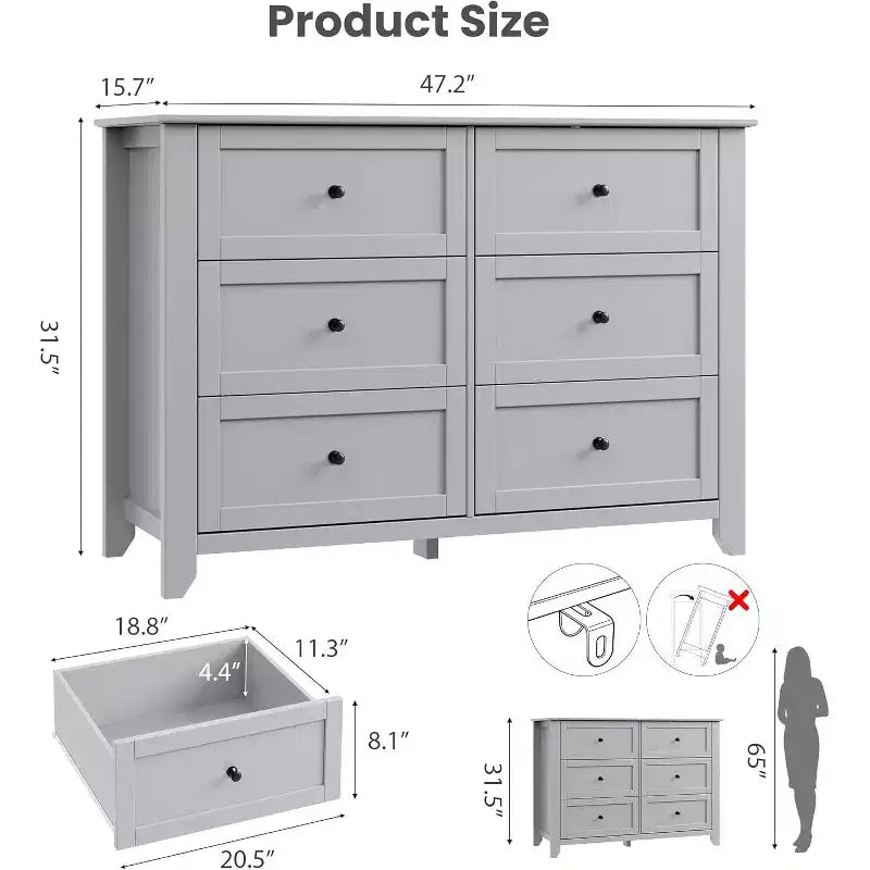Black 6 Drawer Dresser for Bedroom, Large Dresser with Deep Drawers & Metal Knobs, Modern Wooden Chests of Drawers for Entryway, Hallway
