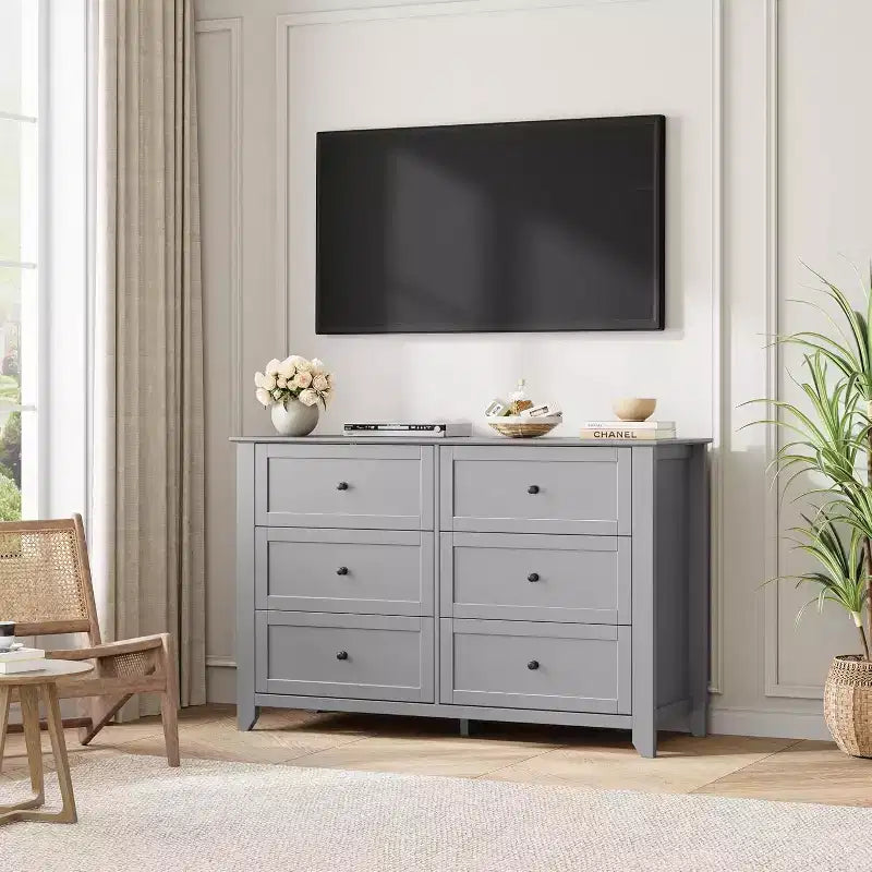 Black 6 Drawer Dresser for Bedroom, Large Dresser with Deep Drawers & Metal Knobs, Modern Wooden Chests of Drawers for Entryway, Hallway