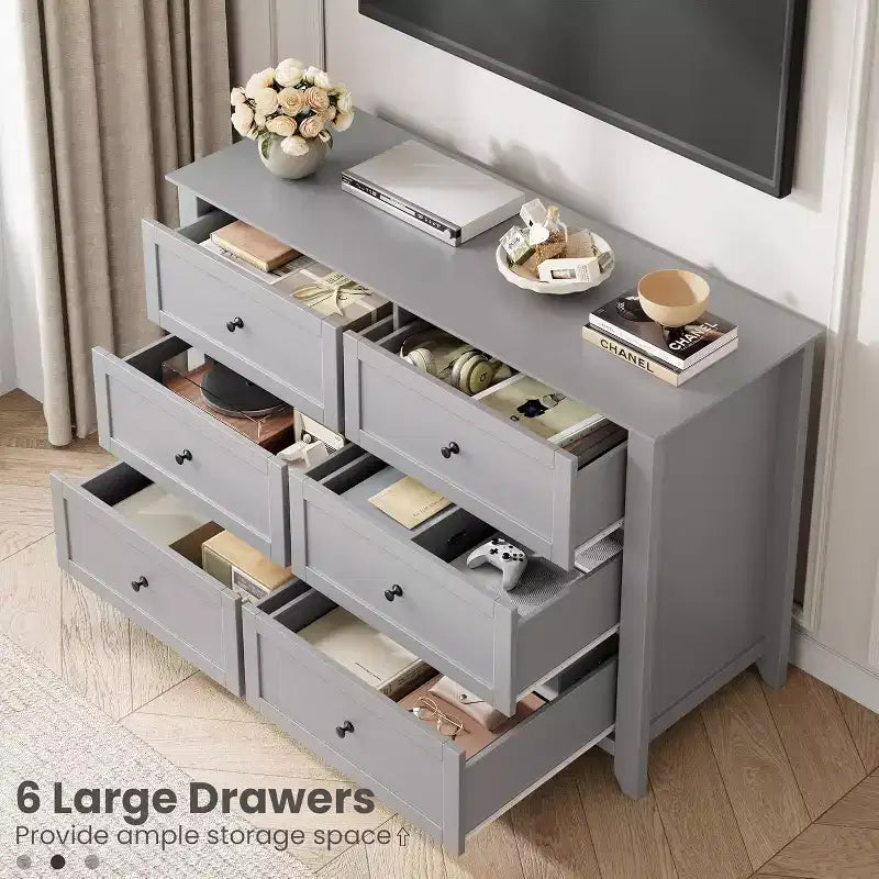 Black 6 Drawer Dresser for Bedroom, Large Dresser with Deep Drawers & Metal Knobs, Modern Wooden Chests of Drawers for Entryway, Hallway