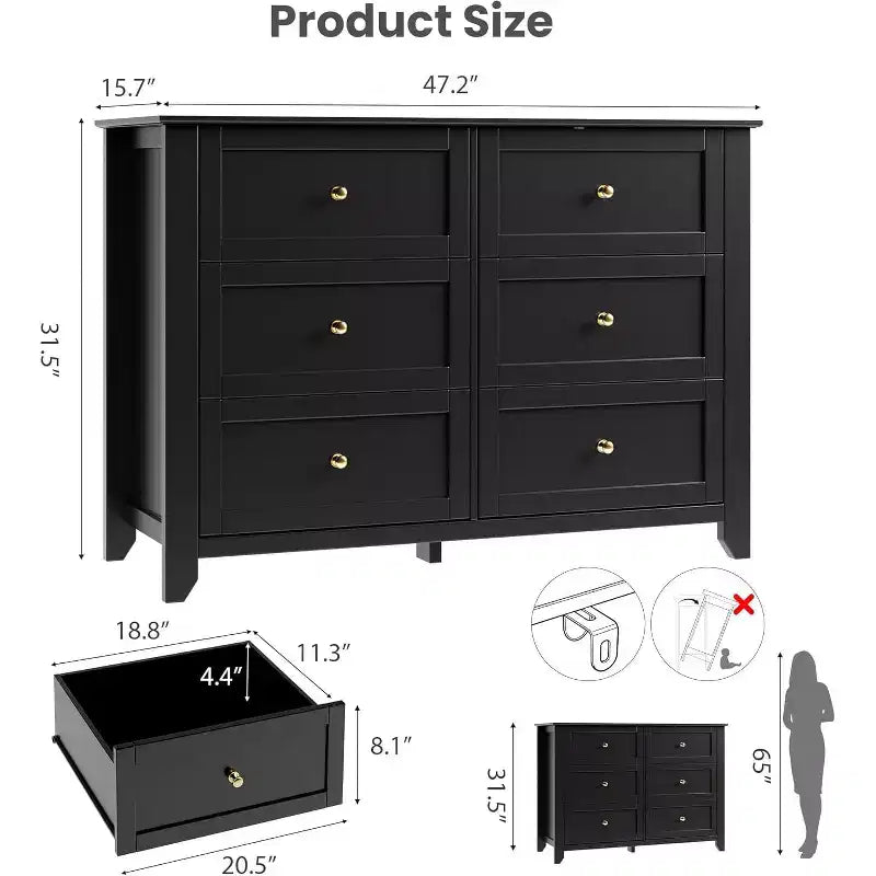 Black 6 Drawer Dresser for Bedroom, Large Dresser with Deep Drawers & Metal Knobs, Modern Wooden Chests of Drawers for Entryway, Hallway