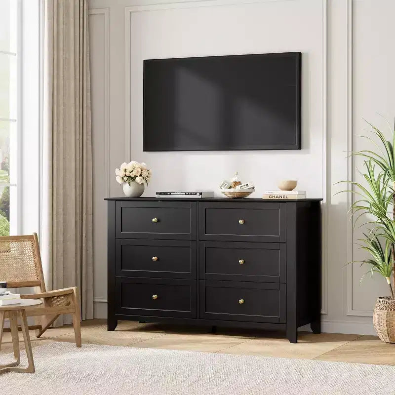 Black 6 Drawer Dresser for Bedroom, Large Dresser with Deep Drawers & Metal Knobs, Modern Wooden Chests of Drawers for Entryway, Hallway