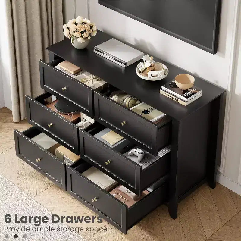 Black 6 Drawer Dresser for Bedroom, Large Dresser with Deep Drawers & Metal Knobs, Modern Wooden Chests of Drawers for Entryway, Hallway