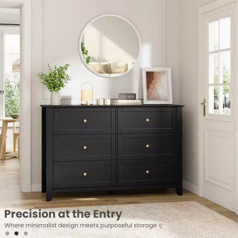 Black 6 Drawer Dresser for Bedroom, Large Dresser with Deep Drawers & Metal Knobs, Modern Wooden Chests of Drawers for Entryway, Hallway