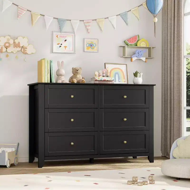 Black 6 Drawer Dresser for Bedroom, Large Dresser with Deep Drawers & Metal Knobs, Modern Wooden Chests of Drawers for Entryway, Hallway