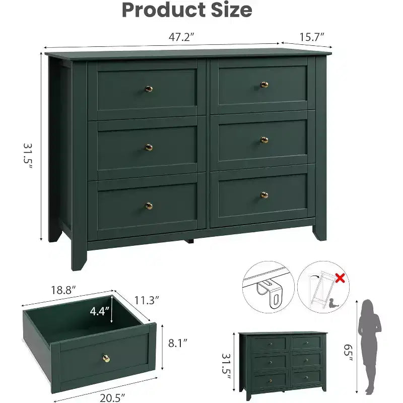 Black 6 Drawer Dresser for Bedroom, Large Dresser with Deep Drawers & Metal Knobs, Modern Wooden Chests of Drawers for Entryway, Hallway