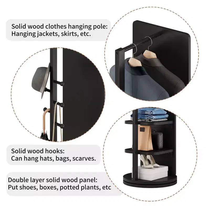 Modern Rotating Full Length Mirror with Functional Hook Coat Rack,Freestanding Floor Mirror for Bedroom,Dressing Room,Black