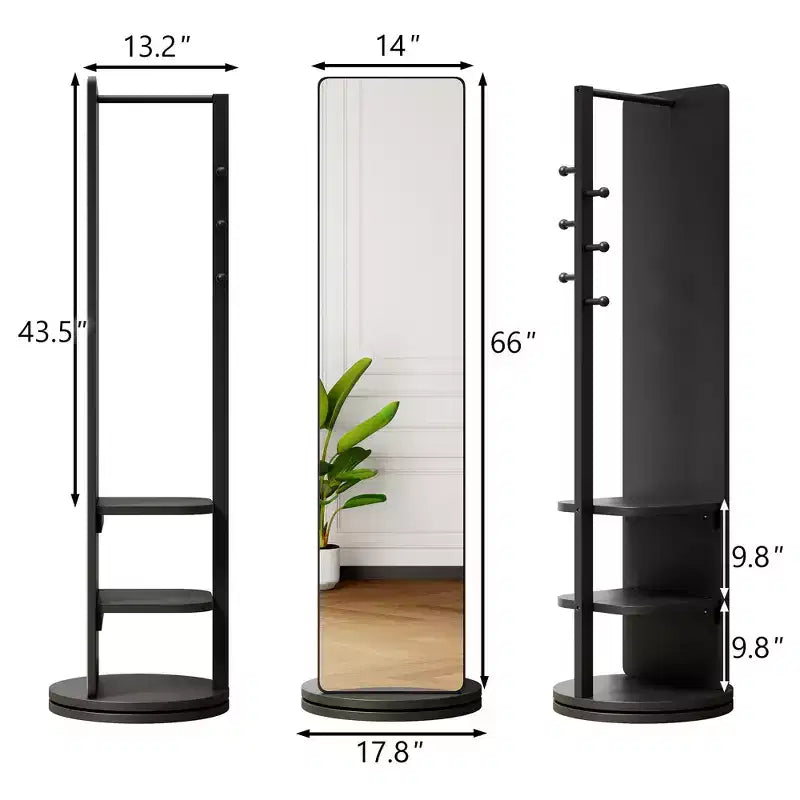 Modern Rotating Full Length Mirror with Functional Hook Coat Rack,Freestanding Floor Mirror for Bedroom,Dressing Room,Black