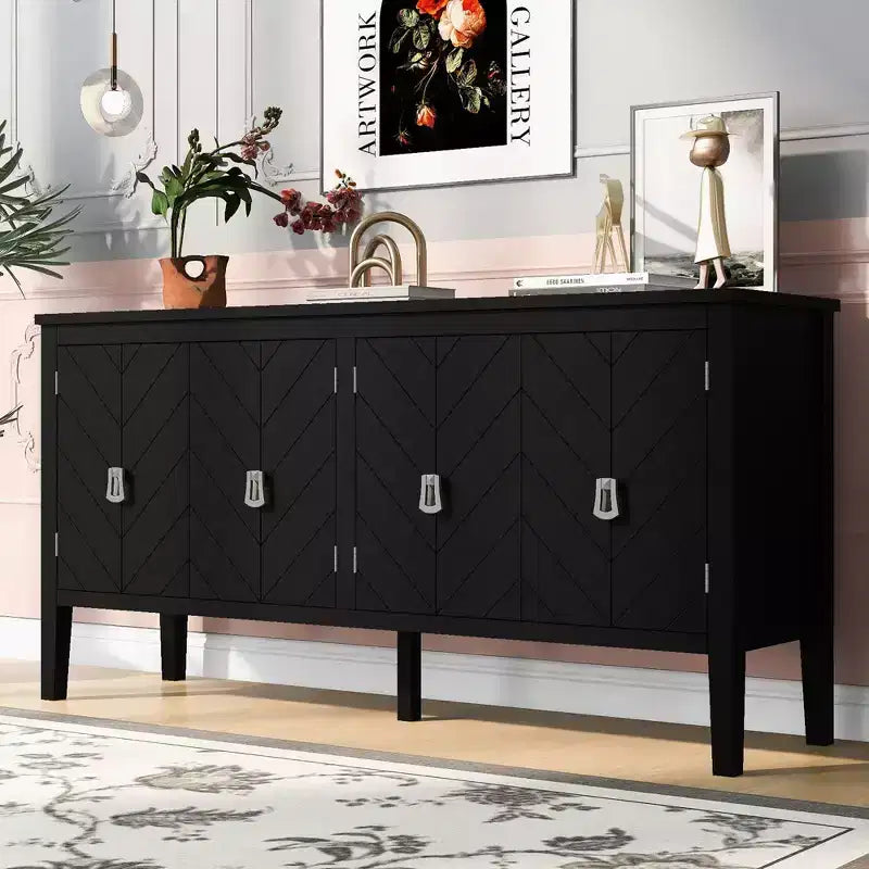 63 4-Door Sideboard Cabinet,Cupboard with Geometric Patterned Doors,Metal Handles,Adjustable Shelves,Console Table for Living Room,Dining Room
