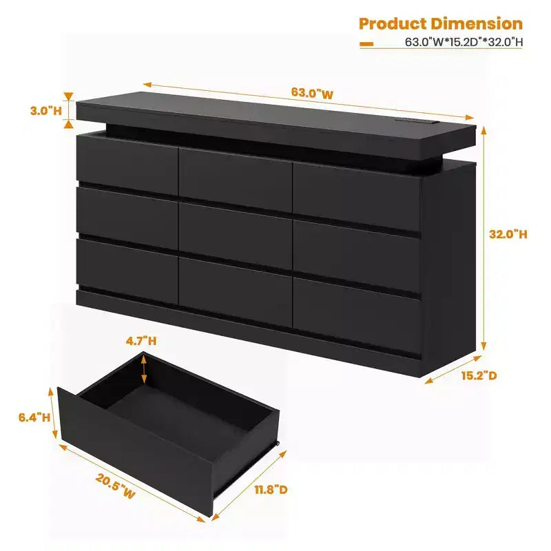 9 Drawer Dresser for Bedroom - 63'' Wide Chest of Drawers with LED Light and Charging Station, Large TV Stand Multi-Function Home Organizer