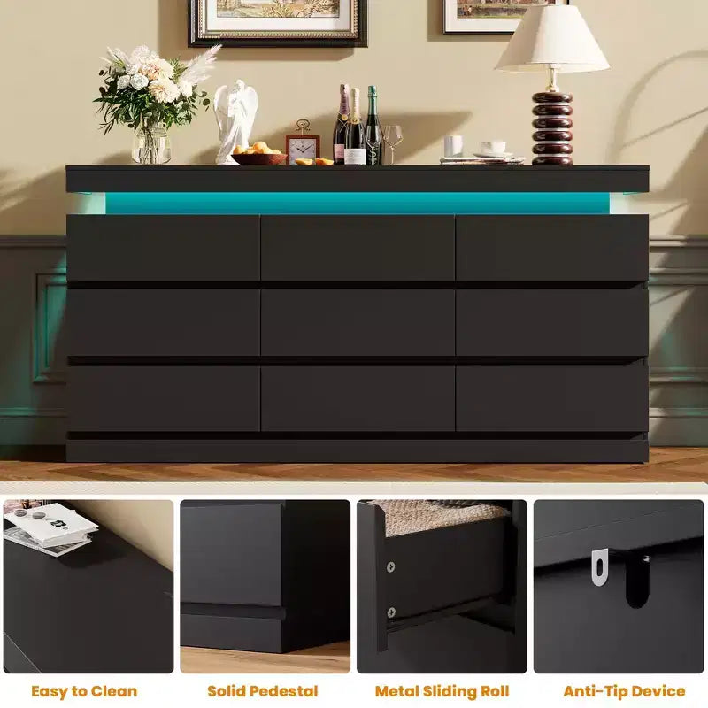 9 Drawer Dresser for Bedroom - 63'' Wide Chest of Drawers with LED Light and Charging Station, Large TV Stand Multi-Function Home Organizer