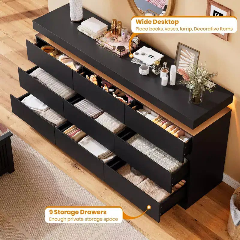 9 Drawer Dresser for Bedroom - 63'' Wide Chest of Drawers with LED Light and Charging Station, Large TV Stand Multi-Function Home Organizer