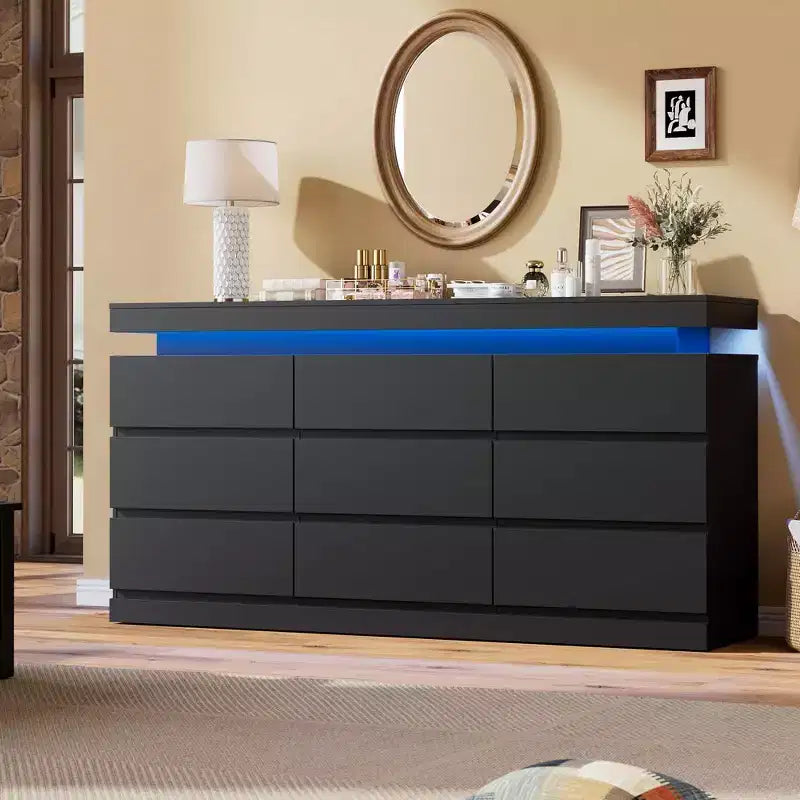 9 Drawer Dresser for Bedroom - 63'' Wide Chest of Drawers with LED Light and Charging Station, Large TV Stand Multi-Function Home Organizer
