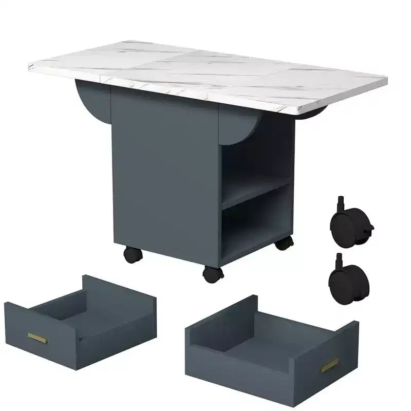 Multi-Functional Folding Table with Marble Texture, Rolling Kitchen Island Cart with Storage Drawer & Shelf, Mobile Computer Desk for Small Space