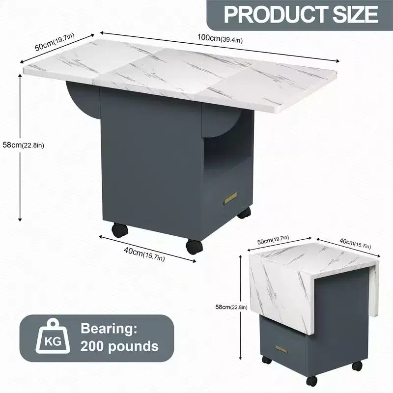 Multi-Functional Folding Table with Marble Texture, Rolling Kitchen Island Cart with Storage Drawer & Shelf, Mobile Computer Desk for Small Space