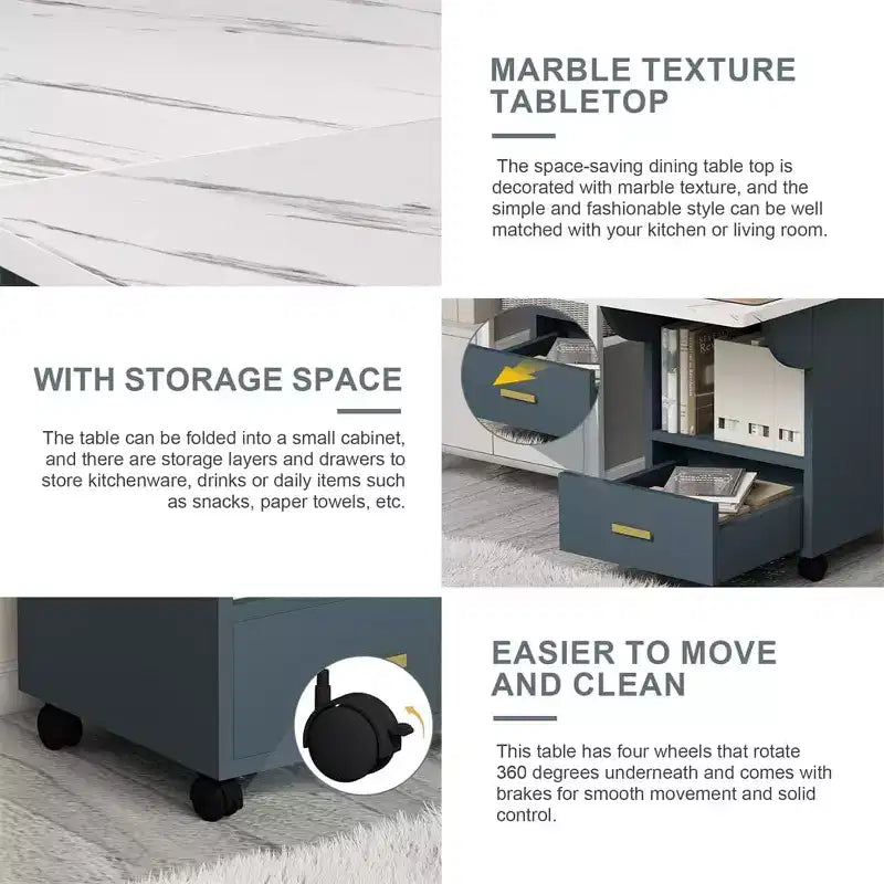 Multi-Functional Folding Table with Marble Texture, Rolling Kitchen Island Cart with Storage Drawer & Shelf, Mobile Computer Desk for Small Space