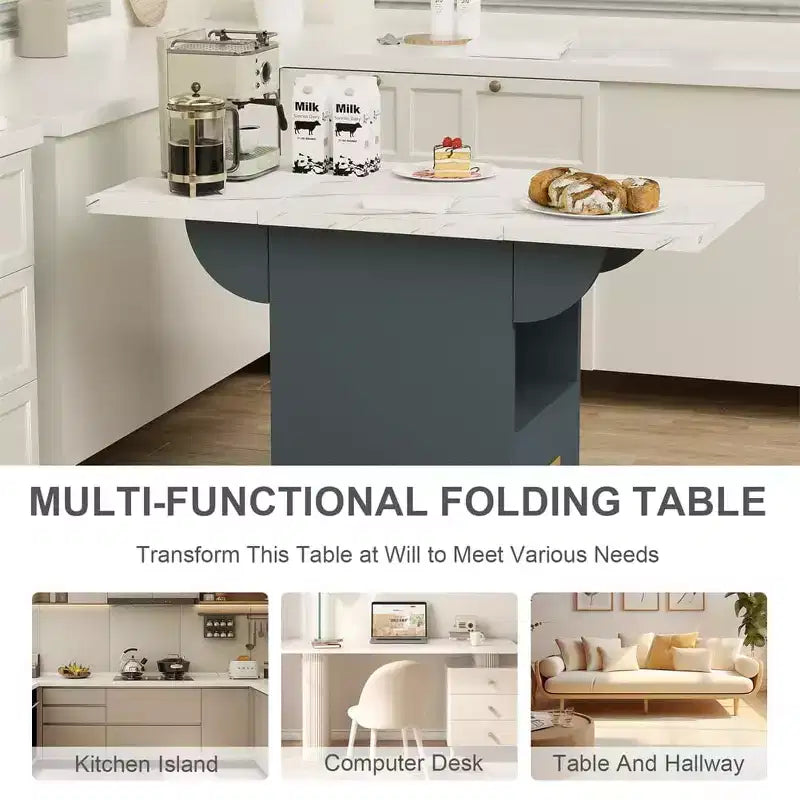 Multi-Functional Folding Table with Marble Texture, Rolling Kitchen Island Cart with Storage Drawer & Shelf, Mobile Computer Desk for Small Space