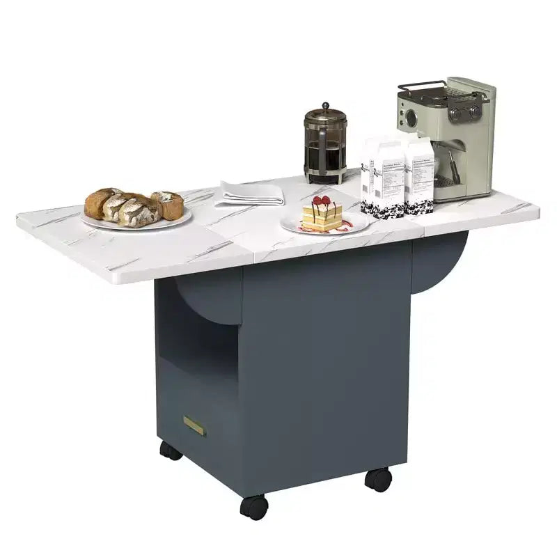 Multi-Functional Folding Table with Marble Texture, Rolling Kitchen Island Cart with Storage Drawer & Shelf, Mobile Computer Desk for Small Space