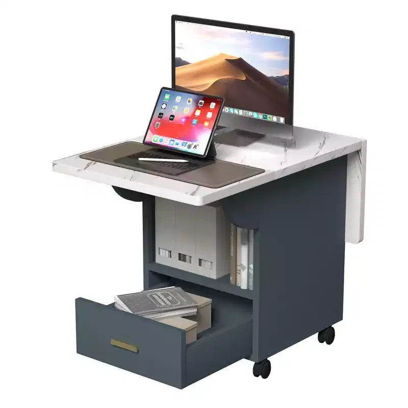 Multi-Functional Folding Table with Marble Texture, Rolling Kitchen Island Cart with Storage Drawer & Shelf, Mobile Computer Desk for Small Space
