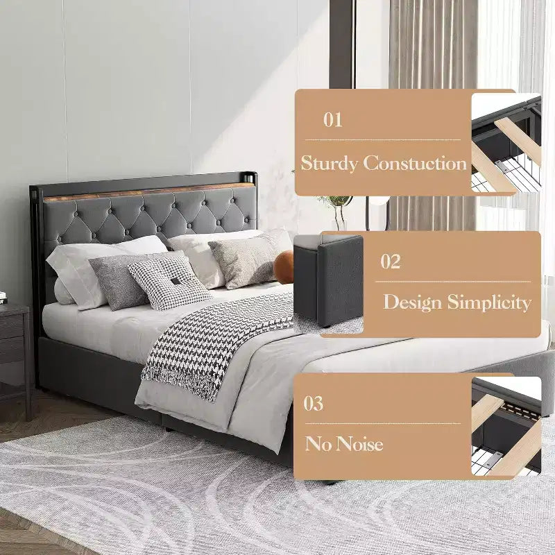 Queen Bed with Upholstered, Bed Frame with Charging Station & 4 Storage Drawers, Wood Slat Support, No Box Spring Needed, Light Grey (Queen)