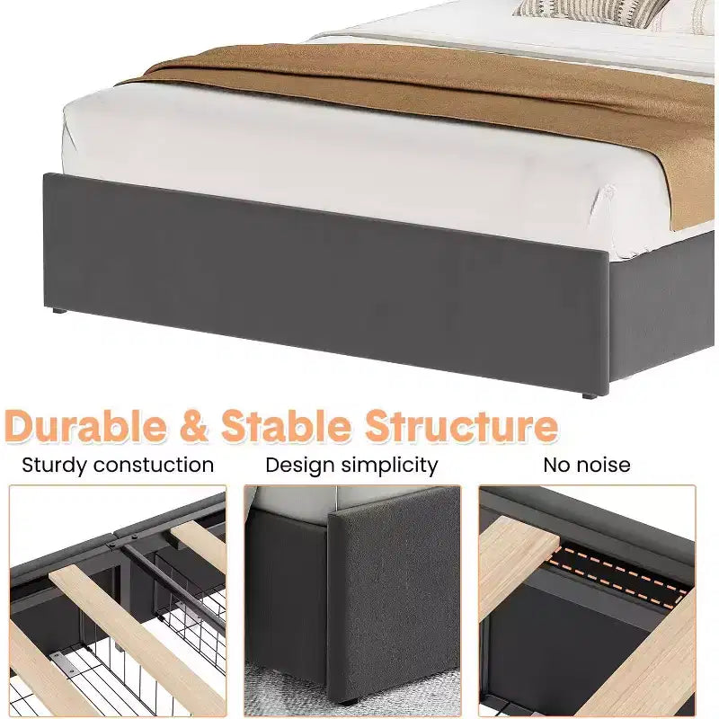 Queen Bed with Upholstered, Bed Frame with Charging Station & 4 Storage Drawers, Wood Slat Support, No Box Spring Needed, Light Grey (Queen)