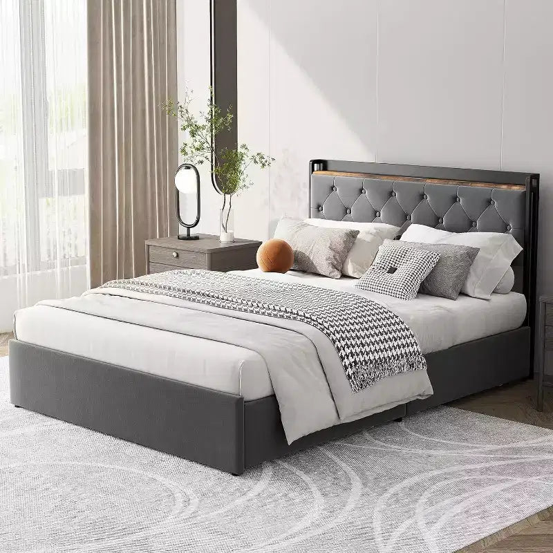 Queen Bed with Upholstered, Bed Frame with Charging Station & 4 Storage Drawers, Wood Slat Support, No Box Spring Needed, Light Grey (Queen)