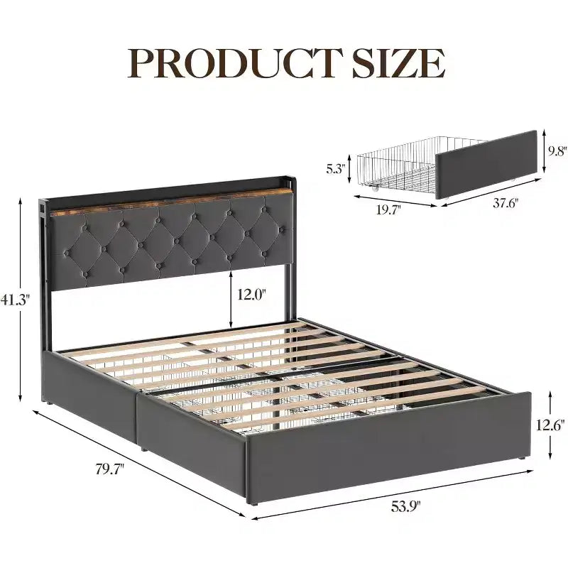 Queen Bed with Upholstered, Bed Frame with Charging Station & 4 Storage Drawers, Wood Slat Support, No Box Spring Needed, Light Grey (Queen)