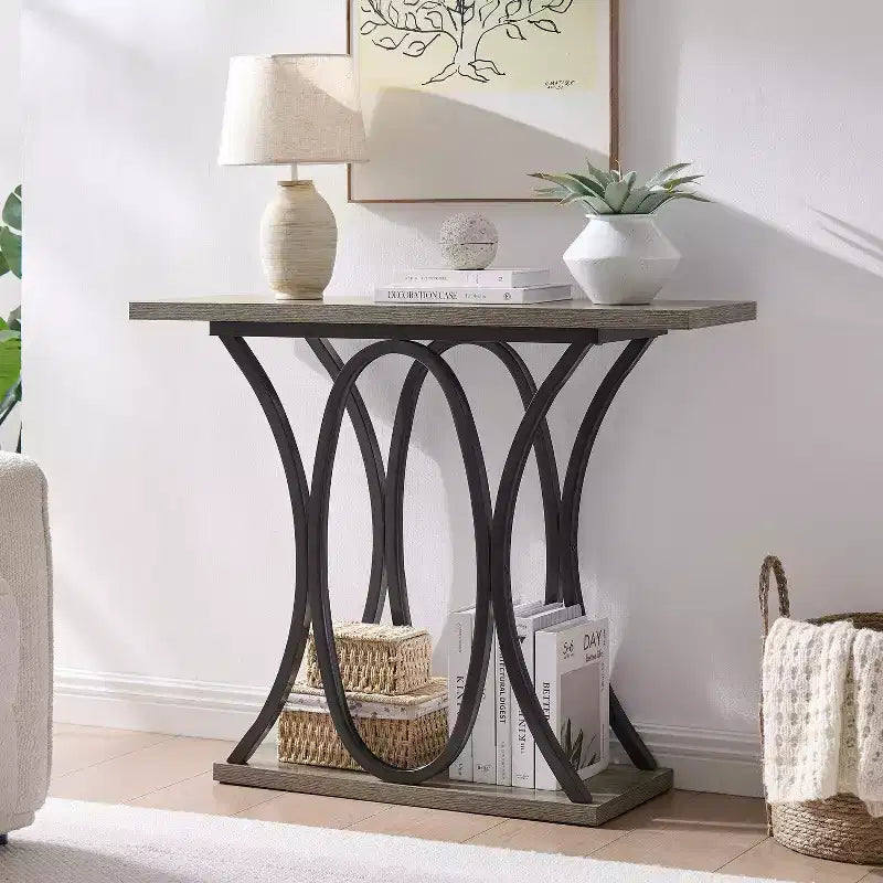 39.37 Sofa Table, Industrial 2-Tier Entryway Table with Metal Frame and 1.7 Thickened Top, Narrow Console Table Living Room, Hallway, Foyer