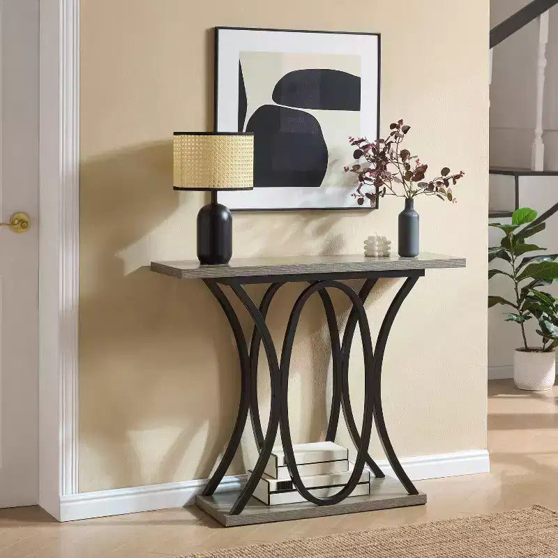 39.37 Sofa Table, Industrial 2-Tier Entryway Table with Metal Frame and 1.7 Thickened Top, Narrow Console Table Living Room, Hallway, Foyer
