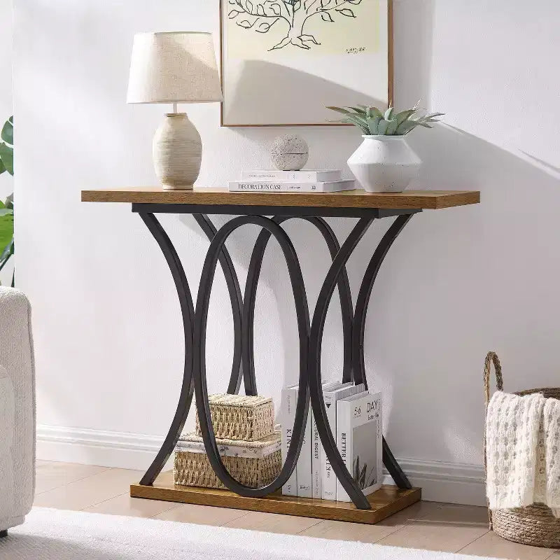 39.37 Sofa Table, Industrial 2-Tier Entryway Table with Metal Frame and 1.7 Thickened Top, Narrow Console Table Living Room, Hallway, Foyer