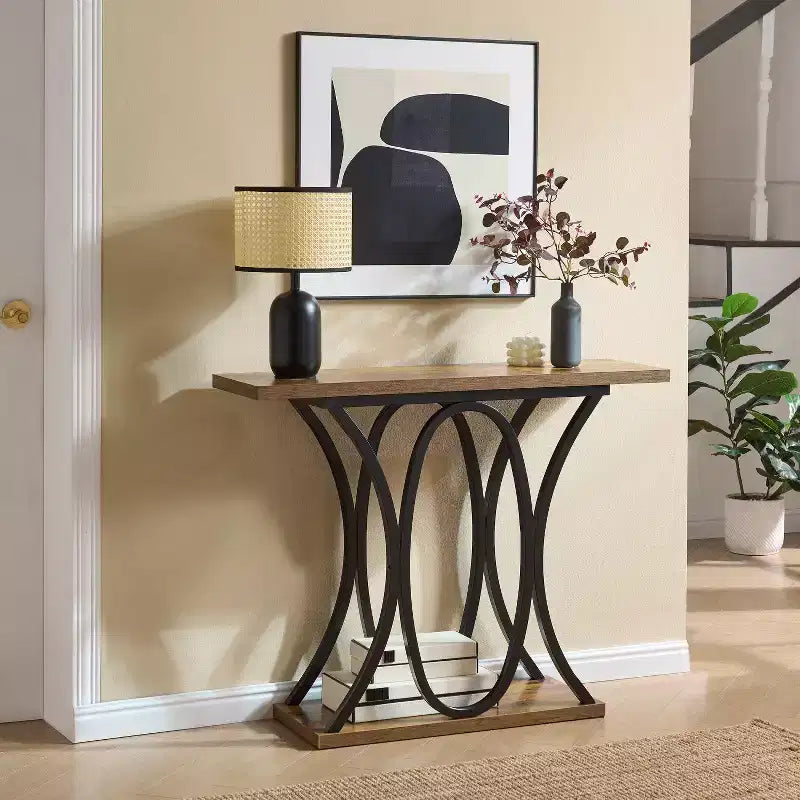 39.37 Sofa Table, Industrial 2-Tier Entryway Table with Metal Frame and 1.7 Thickened Top, Narrow Console Table Living Room, Hallway, Foyer