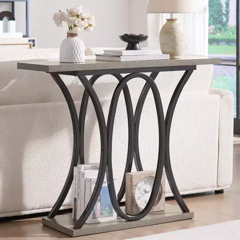 39.37 Sofa Table, Industrial 2-Tier Entryway Table with Metal Frame and 1.7 Thickened Top, Narrow Console Table Living Room, Hallway, Foyer