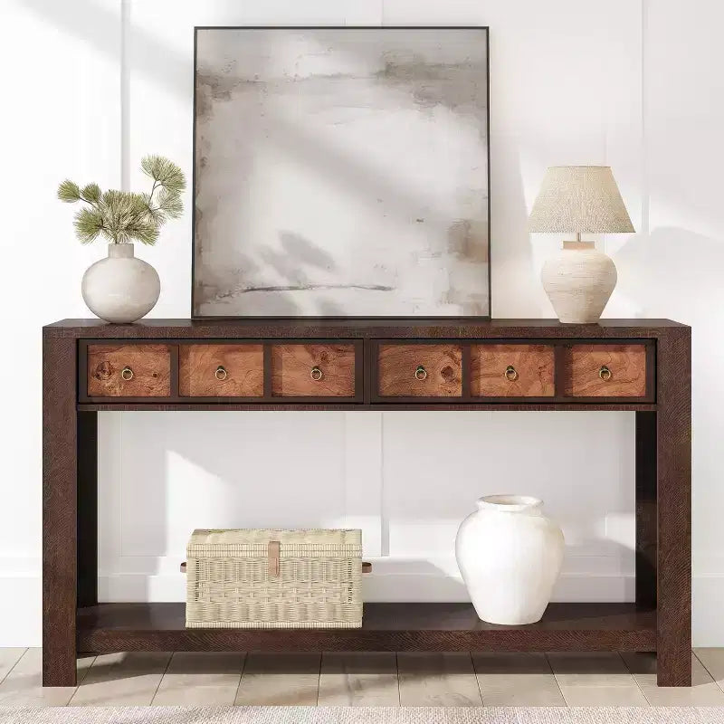 54-Inch Long Console Table, Wooden Entryway Table with 2 Drawers & Open Storage Shelf, Sofa Table Behind Couch, Farmhouse Entry Foyer Table