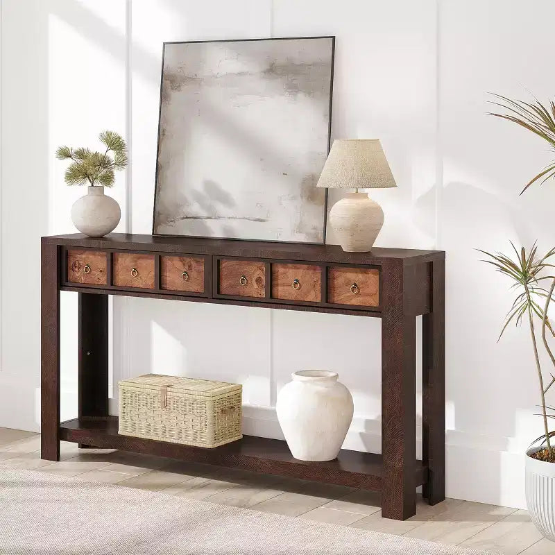 54-Inch Long Console Table, Wooden Entryway Table with 2 Drawers & Open Storage Shelf, Sofa Table Behind Couch, Farmhouse Entry Foyer Table
