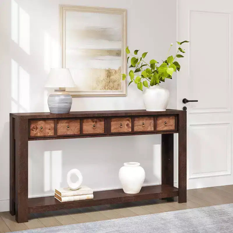 54-Inch Long Console Table, Wooden Entryway Table with 2 Drawers & Open Storage Shelf, Sofa Table Behind Couch, Farmhouse Entry Foyer Table