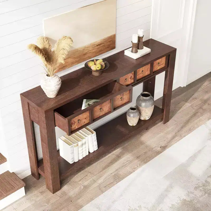 54-Inch Long Console Table, Wooden Entryway Table with 2 Drawers & Open Storage Shelf, Sofa Table Behind Couch, Farmhouse Entry Foyer Table