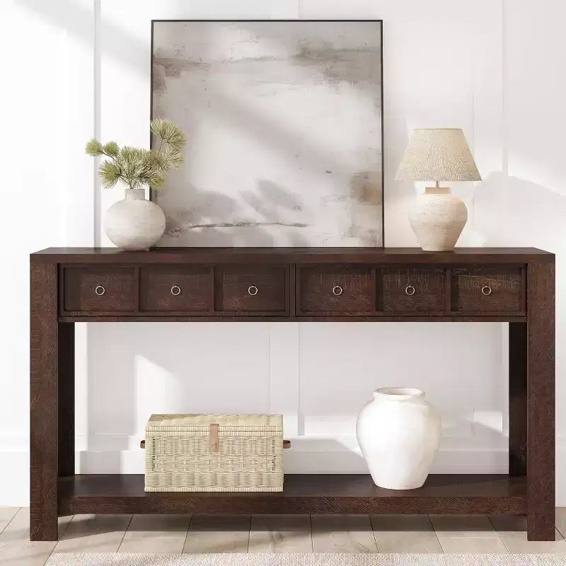 54-Inch Long Console Table, Wooden Entryway Table with 2 Drawers & Open Storage Shelf, Sofa Table Behind Couch, Farmhouse Entry Foyer Table
