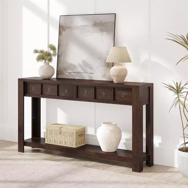 54-Inch Long Console Table, Wooden Entryway Table with 2 Drawers & Open Storage Shelf, Sofa Table Behind Couch, Farmhouse Entry Foyer Table