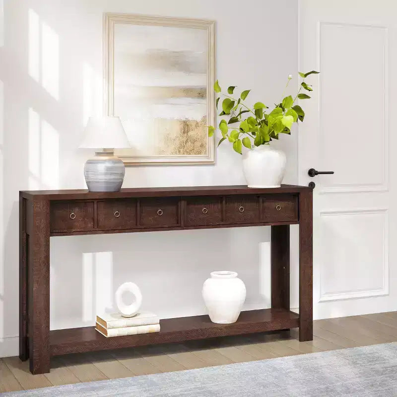54-Inch Long Console Table, Wooden Entryway Table with 2 Drawers & Open Storage Shelf, Sofa Table Behind Couch, Farmhouse Entry Foyer Table