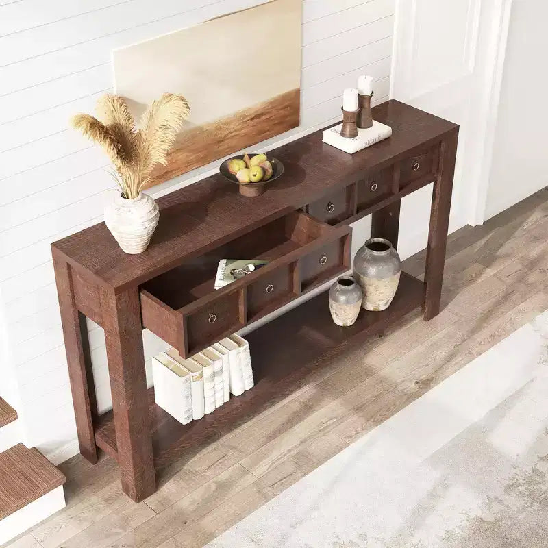 54-Inch Long Console Table, Wooden Entryway Table with 2 Drawers & Open Storage Shelf, Sofa Table Behind Couch, Farmhouse Entry Foyer Table