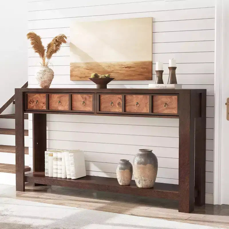 54-Inch Long Console Table, Wooden Entryway Table with 2 Drawers & Open Storage Shelf, Sofa Table Behind Couch, Farmhouse Entry Foyer Table
