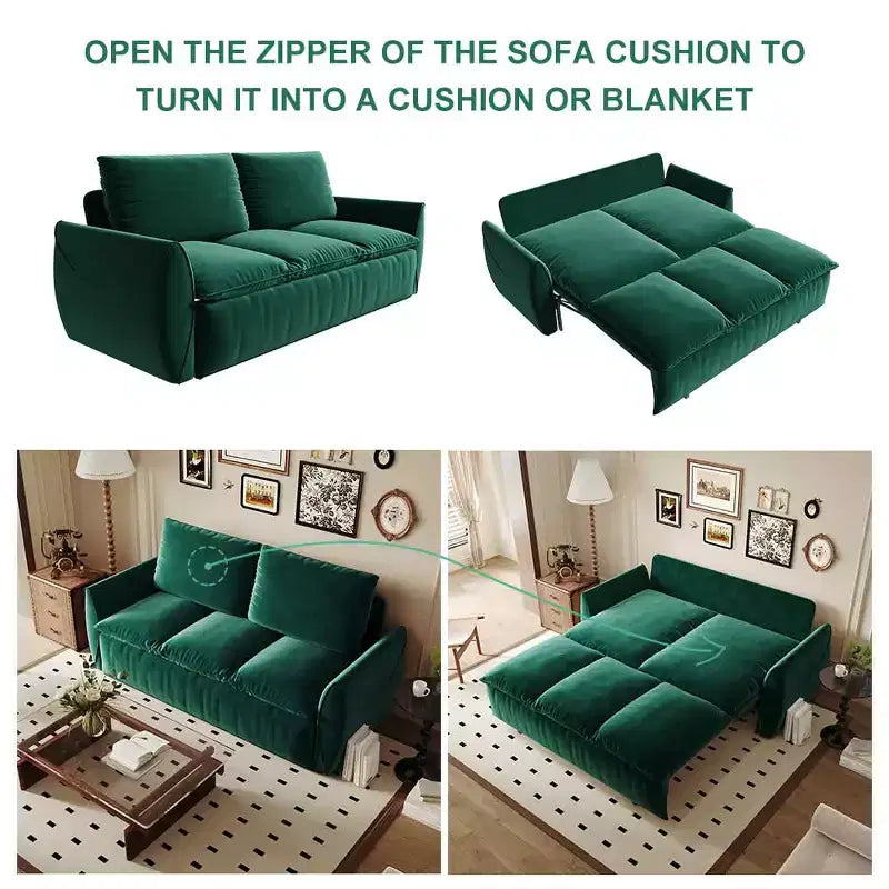 70.9 Pull Out Sofa Bed, 3 Seat Convertible Sleeper Sofa with 2-in-1 Pillow and Blanket Set Green