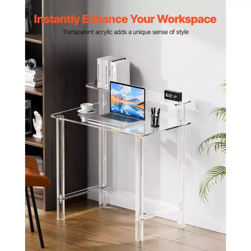 VEVOR Acrylic Table, 2Tiers Clear Office Desk with Monitor Stand, Acrylic Study Computer Desk,Modern Side End Table Nightstand,19.7x31.5x34.7 in,Clear