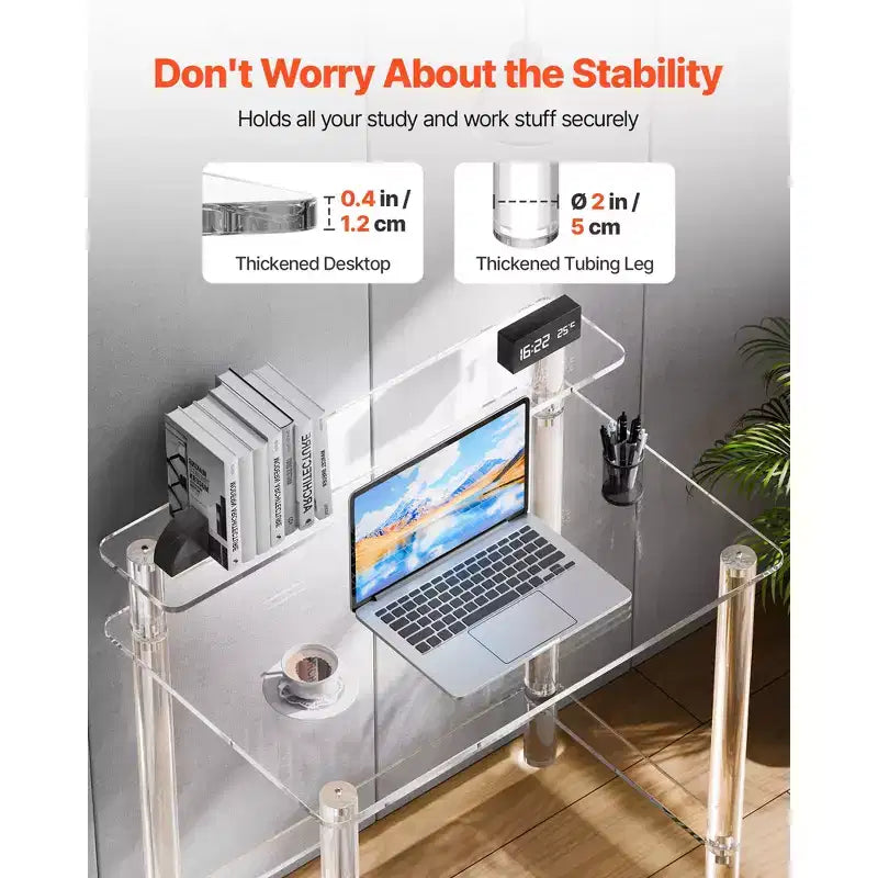 VEVOR Acrylic Table, 2Tiers Clear Office Desk with Monitor Stand, Acrylic Study Computer Desk,Modern Side End Table Nightstand,19.7x31.5x34.7 in,Clear
