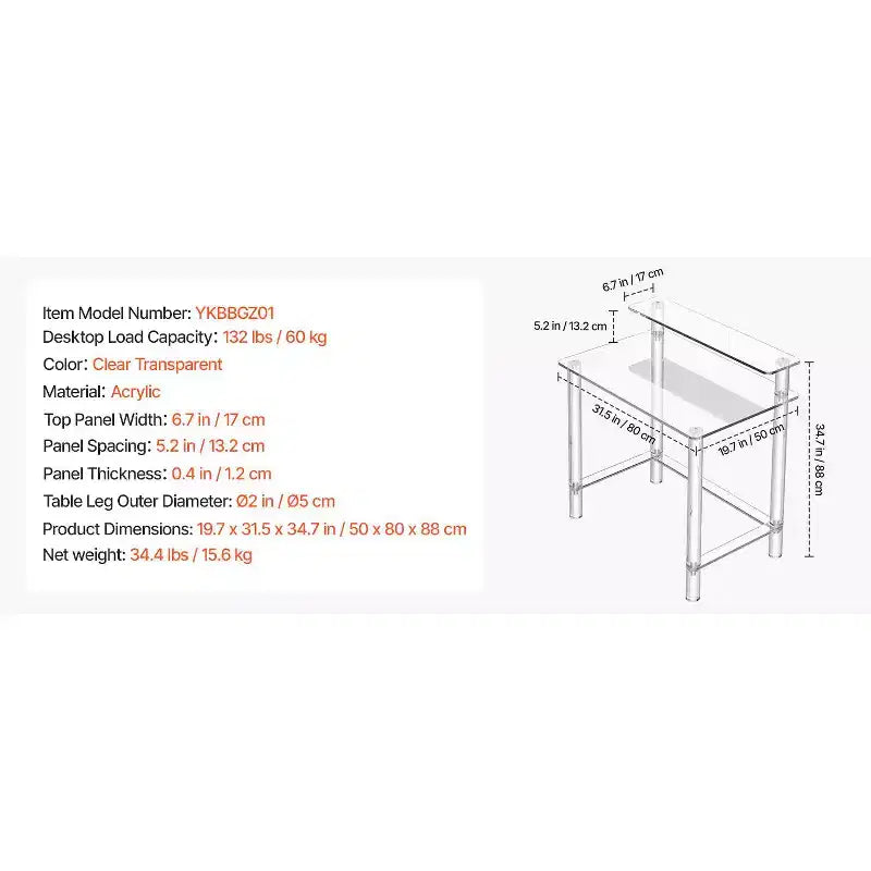 VEVOR Acrylic Table, 2Tiers Clear Office Desk with Monitor Stand, Acrylic Study Computer Desk,Modern Side End Table Nightstand,19.7x31.5x34.7 in,Clear