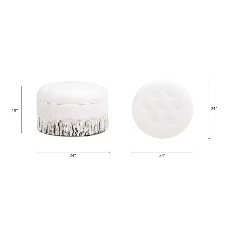 24 Round Accent Ottoman with Tassel Rope Bullion Fringe,Soft Chenille Ottoman,Vintage Footrest Ottoman Stool for Living Room & Bedroom,White