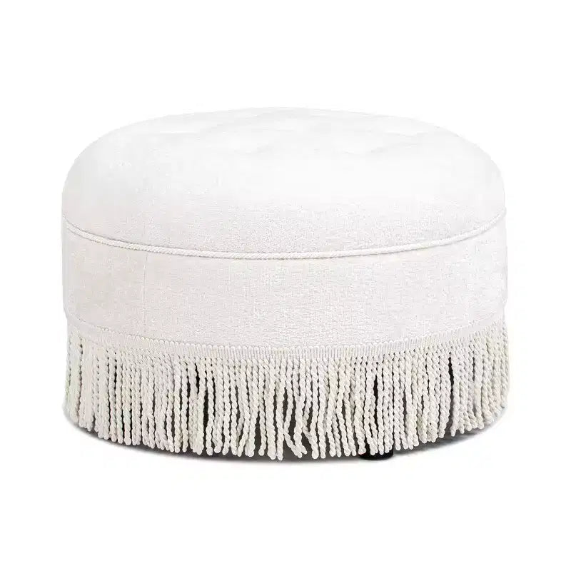 24 Round Accent Ottoman with Tassel Rope Bullion Fringe,Soft Chenille Ottoman,Vintage Footrest Ottoman Stool for Living Room & Bedroom,White